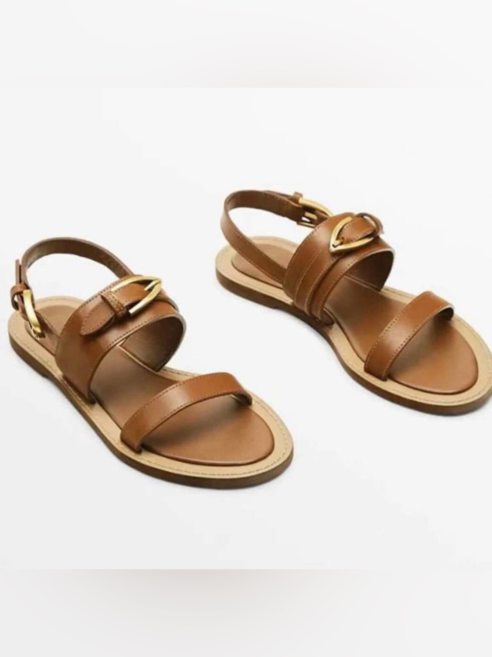 Massimo Dutti Classic Brown Leather Flat Sandals Camel Beige size 36